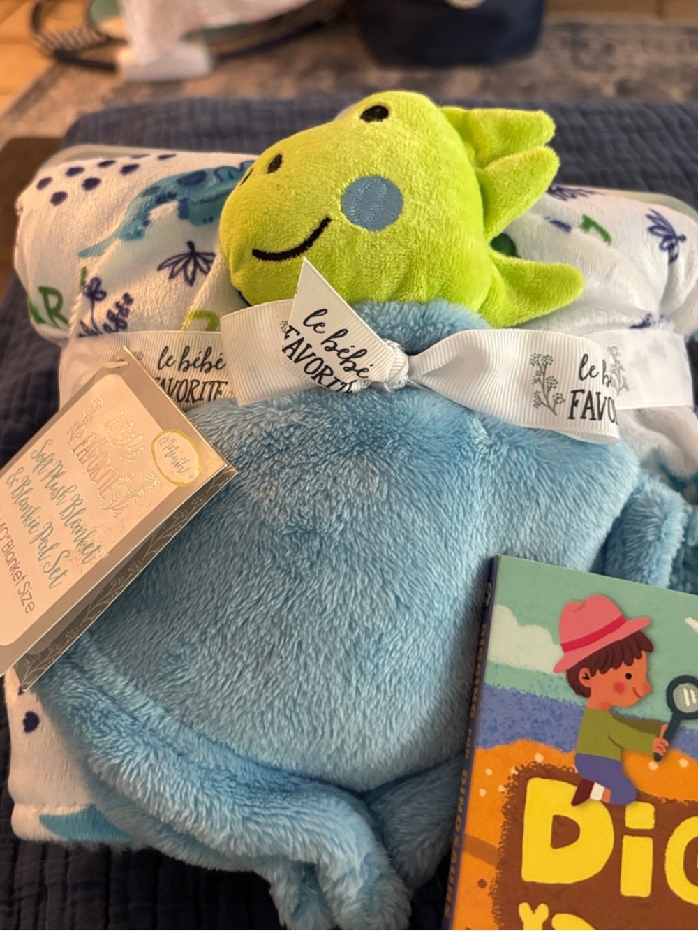 Plush Dinosaur Lovey with matching 30x40” blanket - Blue & Green and book